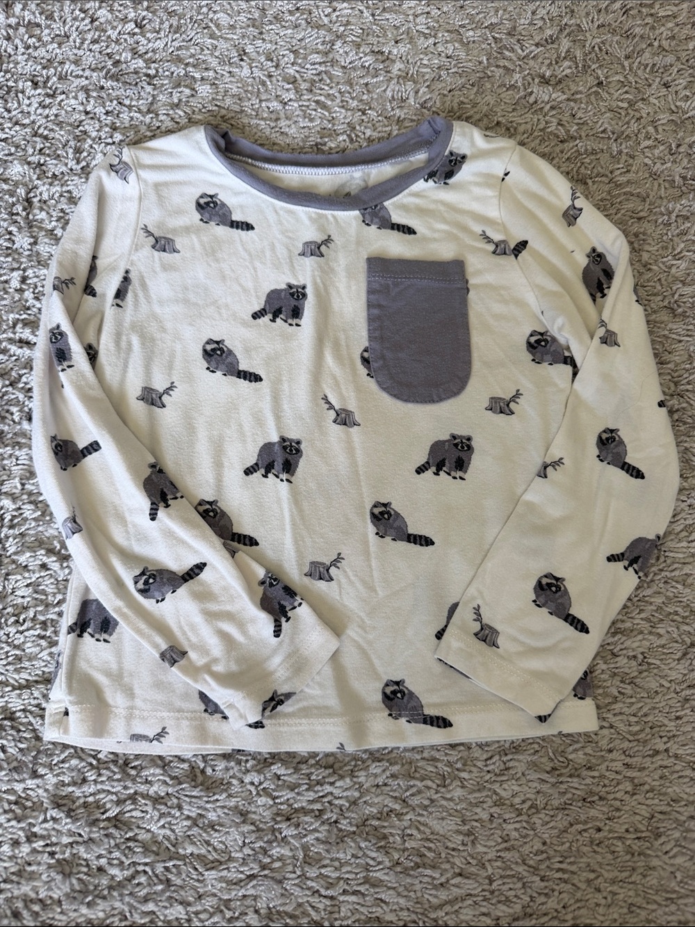 Kyte BABY Cream Long Sleeve Top with Gray Trim and Raccoon Print